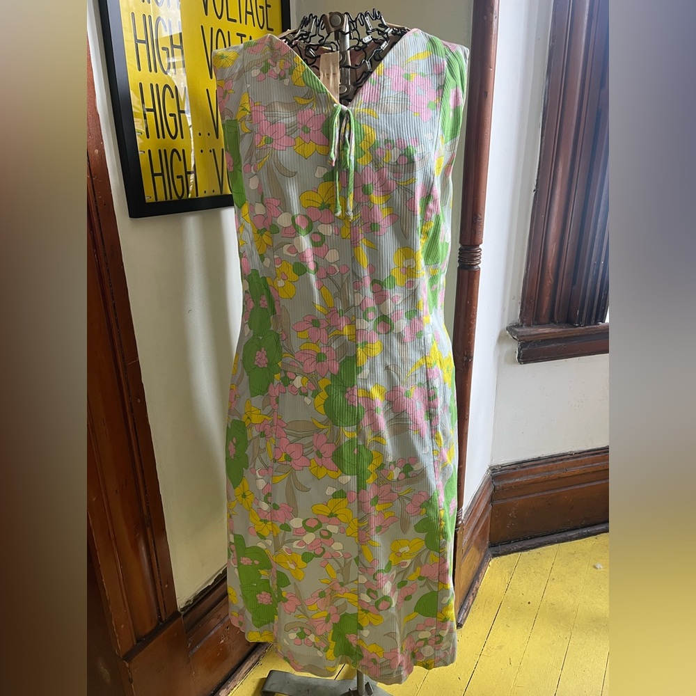 Vintage 60s Mod Psychedelic Floral Midi Dress - Green, Pink, Yellow